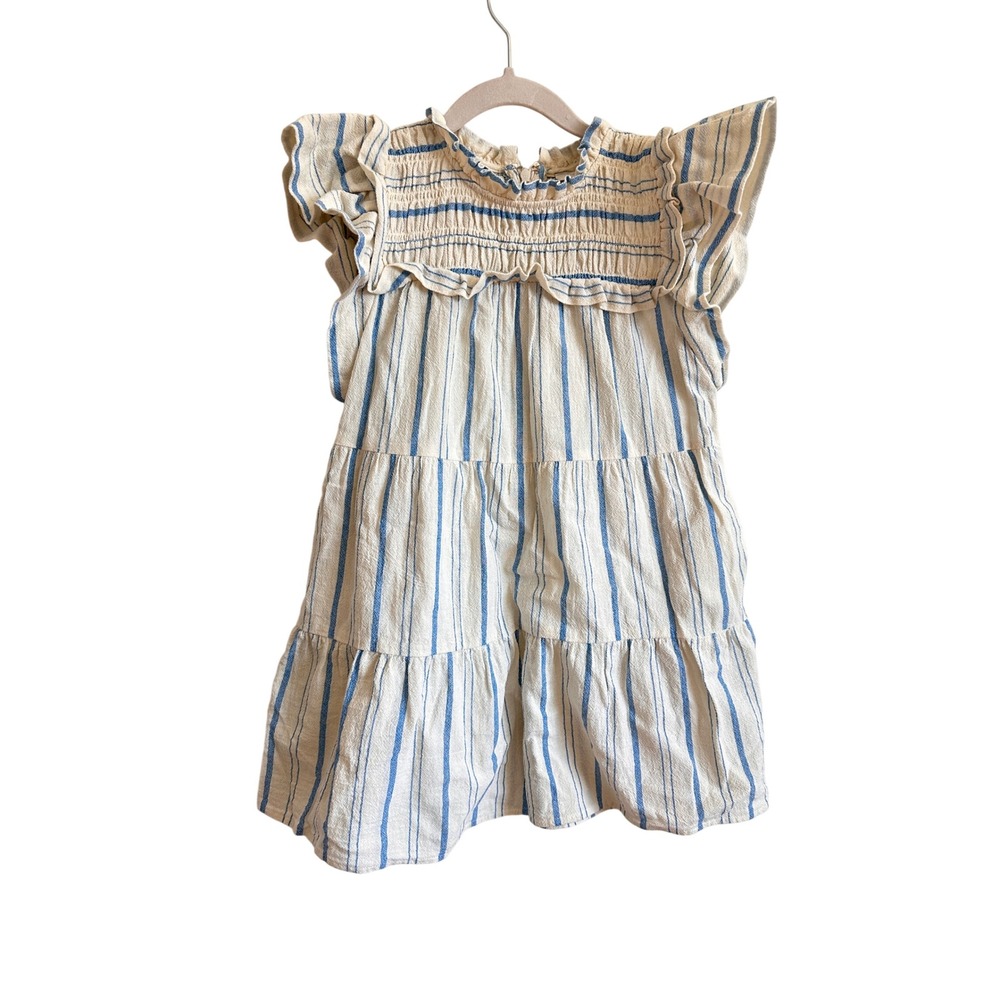 Sea New York Girls 6Y Blue Cream Striped Smocked Ruffle Tiered Flutter Dress